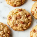 A close-up of homemade apple crumb cookies arranged on a rustic wooden platter, showcasing golden-brown edges, crumbly streusel topping, and pieces of baked apple visible inside. The cookies are sprinkled with a light dusting of powdered sugar, with a few scattered cinnamon and apple slices in the background, evoking a warm, inviting fall atmosphere.