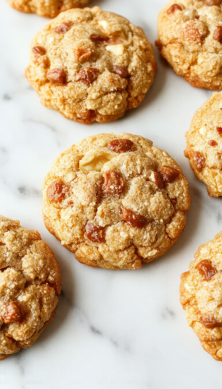A close-up of homemade apple crumb cookies arranged on a rustic wooden platter, showcasing golden-brown edges, crumbly streusel topping, and pieces of baked apple visible inside. The cookies are sprinkled with a light dusting of powdered sugar, with a few scattered cinnamon and apple slices in the background, evoking a warm, inviting fall atmosphere.