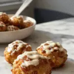 Golden-brown apple fritter bites arranged on a rustic plate, sprinkled with powdered sugar, with chopped apples and cinnamon in the background, evoking a warm, inviting dessert.