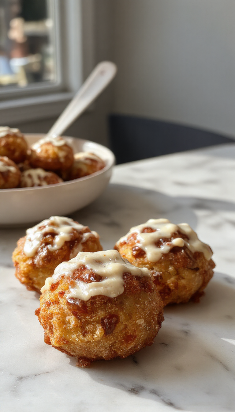Golden-brown apple fritter bites arranged on a rustic plate, sprinkled with powdered sugar, with chopped apples and cinnamon in the background, evoking a warm, inviting dessert.