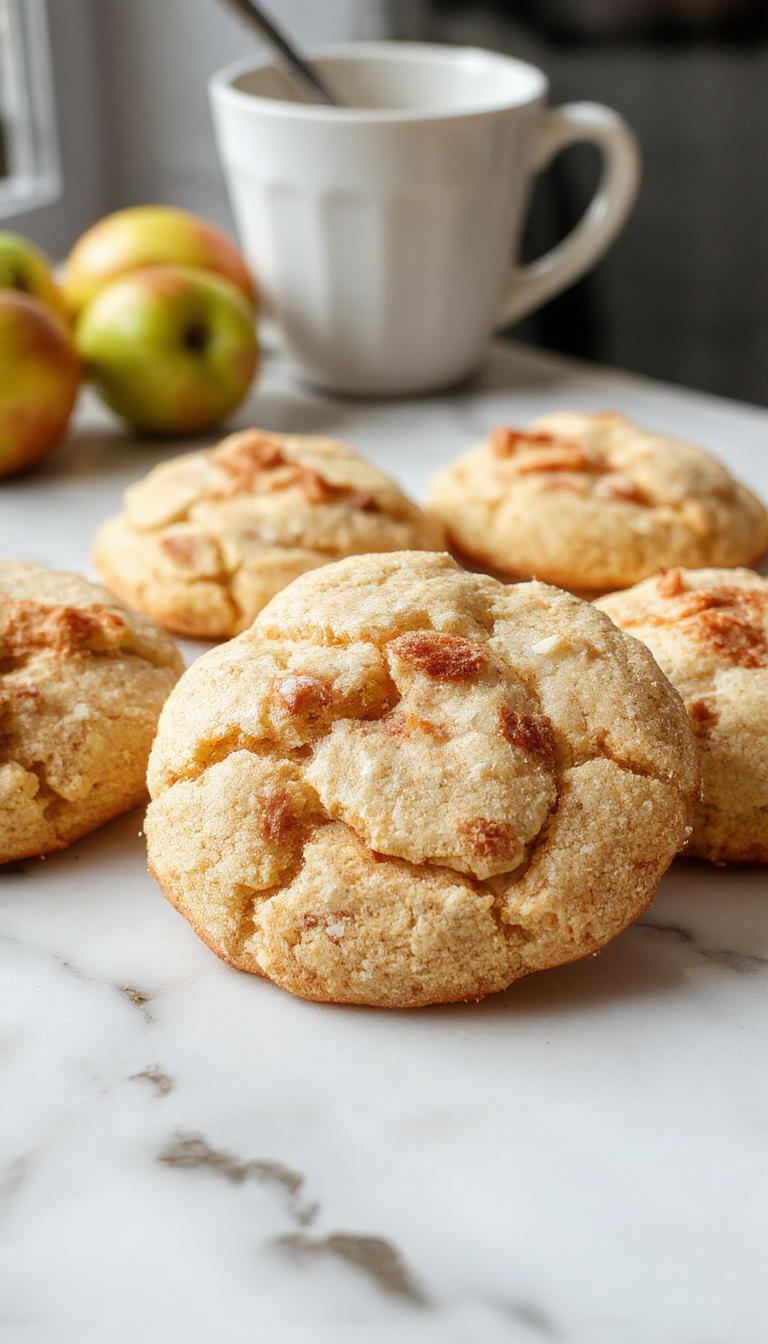 Golden-brown snickerdoodle cookies topped with a cinnamon-sugar coating, scattered with small apple pieces, presented on a rustic wooden surface with a cinnamon stick nearby. The cookies have a slightly cracked surface, inviting a warm and cozy feeling.