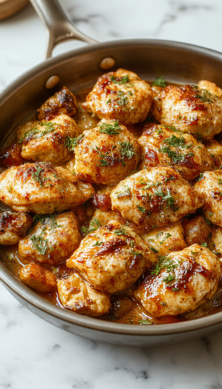 A rustic skillet dish featuring golden-brown chicken breasts topped with caramelized apple slices and fresh herbs. The skillet is set on a wooden table with autumn decor, showcasing vibrant fall colors in the background.