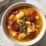 A steaming bowl of autumn tortellini soup with sliced sausage, vibrant orange and green vegetables, topped with fresh herbs, presented in a rustic ceramic bowl on a wooden table.