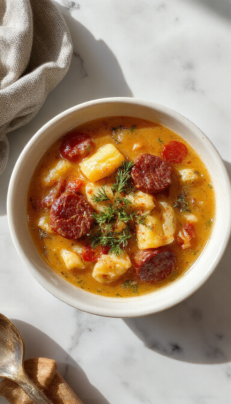 A steaming bowl of autumn tortellini soup with sliced sausage, vibrant orange and green vegetables, topped with fresh herbs, presented in a rustic ceramic bowl on a wooden table.