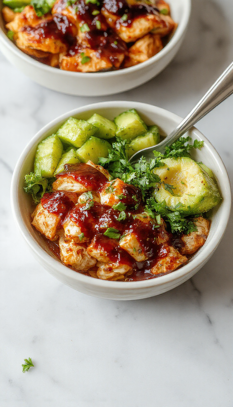 A vibrant BBQ chicken sweet potato bowl featuring roasted sweet potatoes topped with grilled BBQ chicken slices, fresh greens, and a drizzle of sauce. The bowl is garnished with chopped herbs and colorful vegetables, presenting a balanced, tasty, and inviting meal.