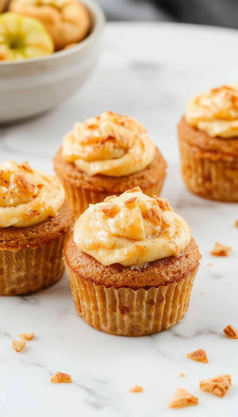 A close-up of golden-brown apple pie cups arranged on a rustic white plate, topped with a dusting of powdered sugar and a sprig of fresh mint. The filling inside the pie cups shows tender diced apples with cinnamon swirls, and the flaky pastry edges are crisp and inviting. The background features a cozy autumn table setting with a cinnamon stick, a small bowl of caramel sauce, and scattered apple slices.