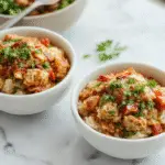 A vibrant bowl featuring ground turkey seasoned with spices, topped with crunchy vegetables and a drizzle of sauce. The bowl is colorful with layers of textures, garnished with fresh herbs and sesame seeds, presented on a rustic wooden surface.