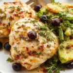 A beautifully plated serving of blueberry thyme chicken featuring tender, golden-brown chicken pieces drizzled with a rich blueberry sauce, garnished with fresh thyme sprigs. The dish is presented on a rustic white plate, with a backdrop of vibrant blueberries and sprigs of thyme, highlighting its fresh and flavorful ingredients. The textures of the juicy chicken and glossy blueberry sauce create an inviting and appetizing scene.