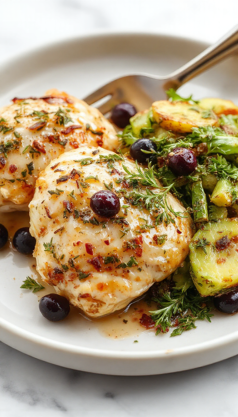 A beautifully plated serving of blueberry thyme chicken featuring tender, golden-brown chicken pieces drizzled with a rich blueberry sauce, garnished with fresh thyme sprigs. The dish is presented on a rustic white plate, with a backdrop of vibrant blueberries and sprigs of thyme, highlighting its fresh and flavorful ingredients. The textures of the juicy chicken and glossy blueberry sauce create an inviting and appetizing scene.