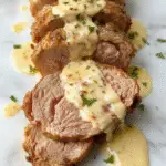 A perfectly cooked pork tenderloin sliced to reveal a tender pink interior, topped with a velvety creamy Dijon sauce. The slices are arranged elegantly on a white plate with a side of roasted vegetables and fresh herbs, creating a visually appealing and appetizing presentation. The golden-brown crust contrasts with the smooth sauce and vibrant accompaniments, emphasizing its succulent texture and inviting appeal.