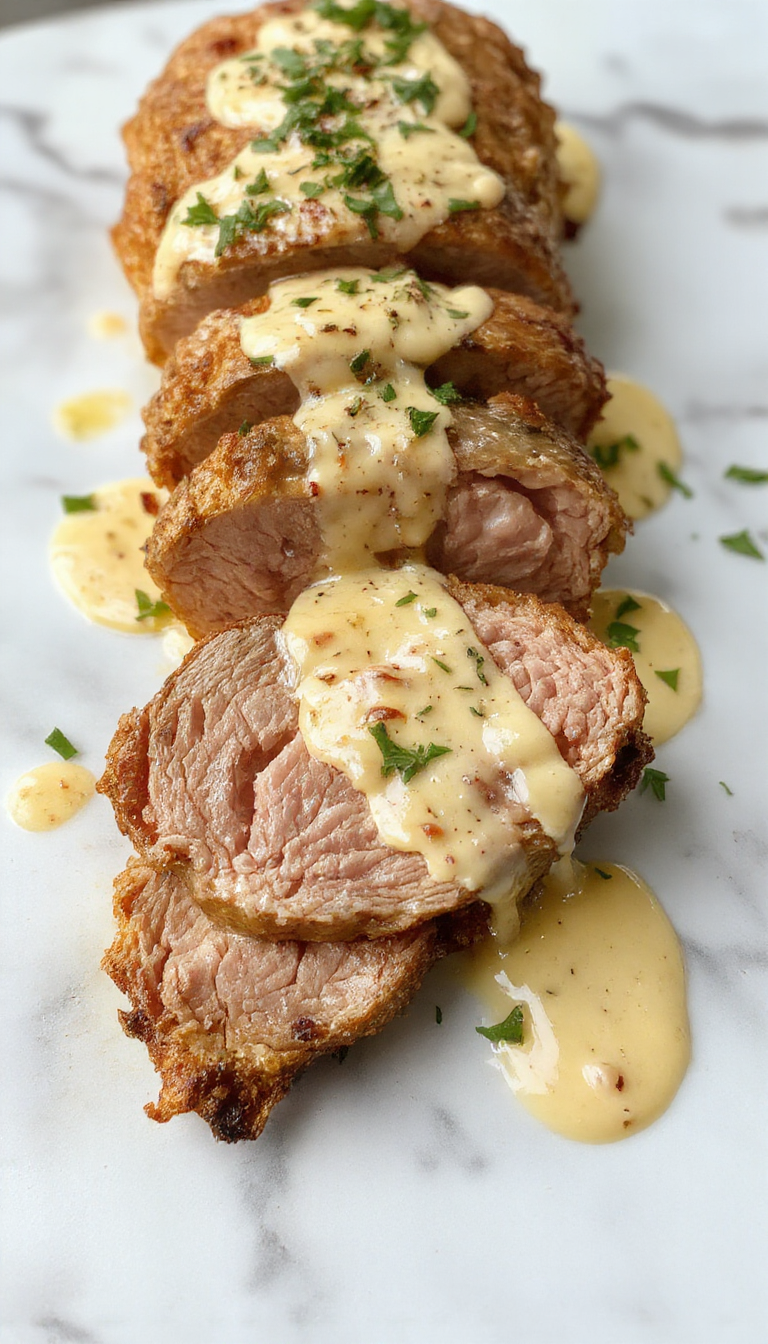 A perfectly cooked pork tenderloin sliced to reveal a tender pink interior, topped with a velvety creamy Dijon sauce. The slices are arranged elegantly on a white plate with a side of roasted vegetables and fresh herbs, creating a visually appealing and appetizing presentation. The golden-brown crust contrasts with the smooth sauce and vibrant accompaniments, emphasizing its succulent texture and inviting appeal.
