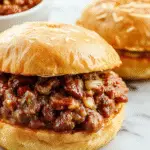 A close-up of a classic Sloppy Joe sandwich displaying a generous heap of seasoned ground beef and tomato sauce in a toasted bun, garnished with fresh chopped parsley, placed on a rustic wooden surface.