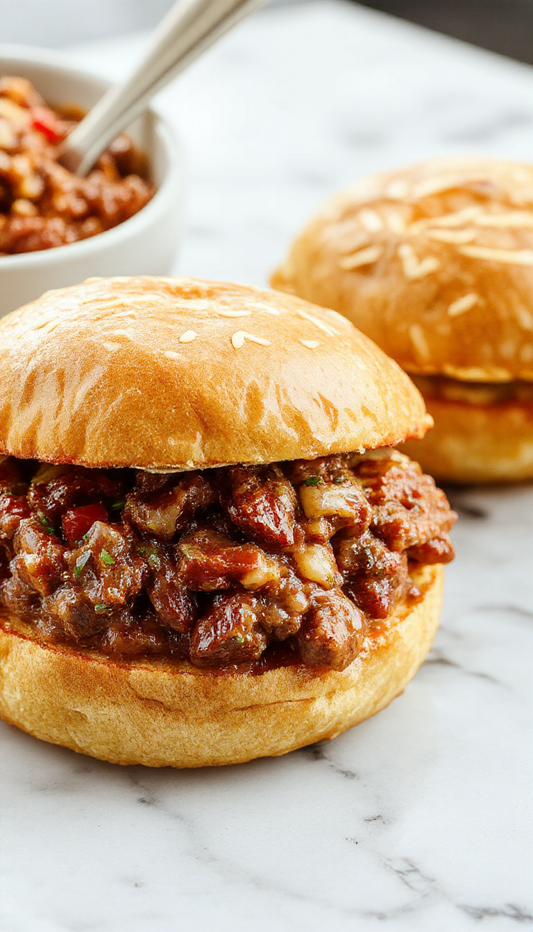 A close-up of a classic Sloppy Joe sandwich displaying a generous heap of seasoned ground beef and tomato sauce in a toasted bun, garnished with fresh chopped parsley, placed on a rustic wooden surface.