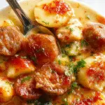 A steaming bowl of creamy potato chowder topped with crispy sausage slices, garnished with chopped green herbs. The soup has a thick, velvety texture with visible chunks of potatoes and sausage, served in a rustic white bowl on a wooden table with a spoon beside it.
