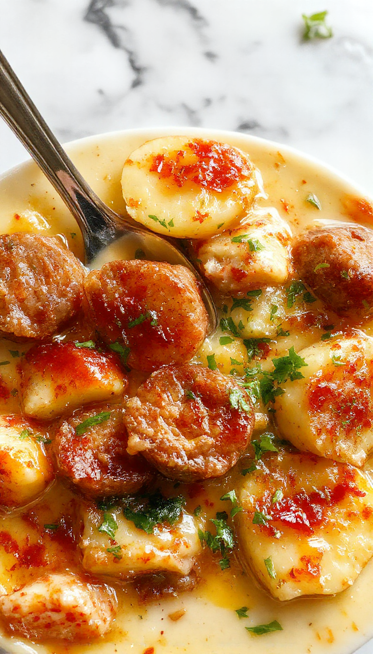 A steaming bowl of creamy potato chowder topped with crispy sausage slices, garnished with chopped green herbs. The soup has a thick, velvety texture with visible chunks of potatoes and sausage, served in a rustic white bowl on a wooden table with a spoon beside it.