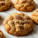 A close-up of a plate of golden-brown pumpkin swirl snickerdoodle cookies, dusted with cinnamon sugar, with a swirl of pumpkin filling visible on some. The cookies are arranged on a rustic wooden platter, with a few broken pieces to showcase their soft interior. The background features warm fall tones, including a cinnamon stick, and a hint of pumpkin puree, evoking cozy autumn vibes.