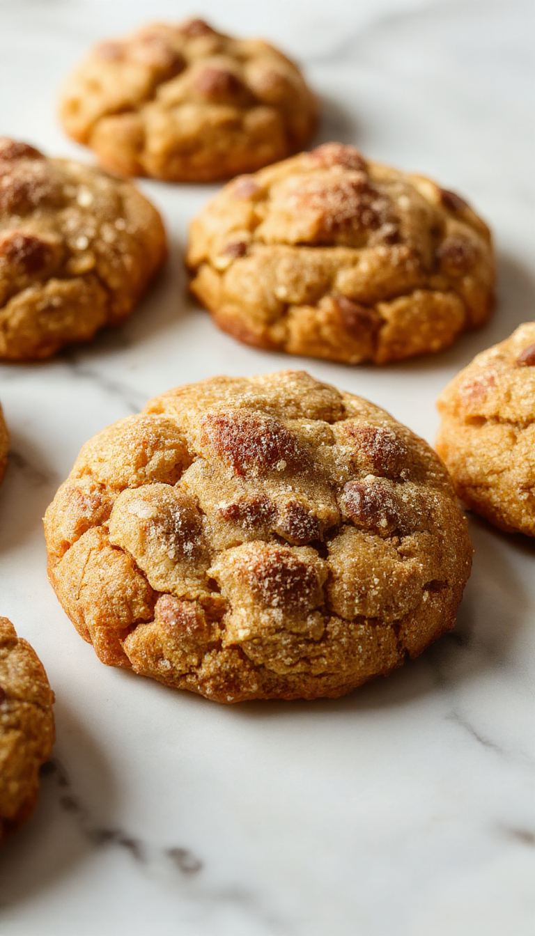 A close-up of a plate of golden-brown pumpkin swirl snickerdoodle cookies, dusted with cinnamon sugar, with a swirl of pumpkin filling visible on some. The cookies are arranged on a rustic wooden platter, with a few broken pieces to showcase their soft interior. The background features warm fall tones, including a cinnamon stick, and a hint of pumpkin puree, evoking cozy autumn vibes.