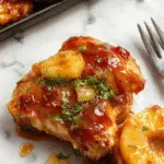 A vibrant plate featuring golden-brown chicken pieces coated in a glossy pineapple sauce, garnished with pineapple chunks and slices of red bell pepper, all arranged on a white ceramic dish with a sprig of green herbs on top. The dish is set against a rustic wooden table with a side of steamed rice in a bowl nearby.