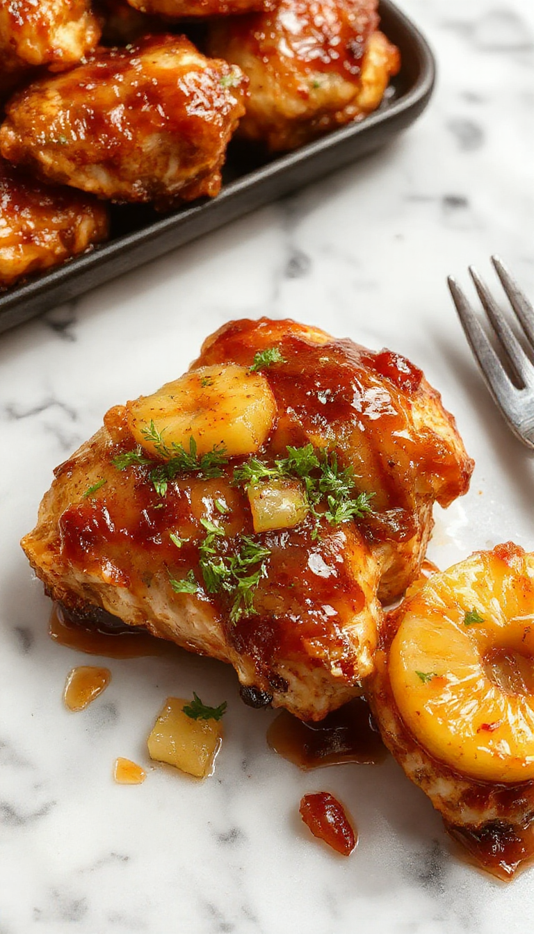 A vibrant plate featuring golden-brown chicken pieces coated in a glossy pineapple sauce, garnished with pineapple chunks and slices of red bell pepper, all arranged on a white ceramic dish with a sprig of green herbs on top. The dish is set against a rustic wooden table with a side of steamed rice in a bowl nearby.