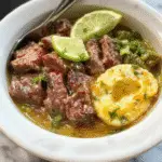 A vibrant bowl filled with sliced grilled steak, fluffy white rice, fresh chopped cilantro, lime wedges, and colorful vegetables, garnished with lime zest and cilantro leaves, all presented on a rustic wooden table with a drizzle of sauce.
