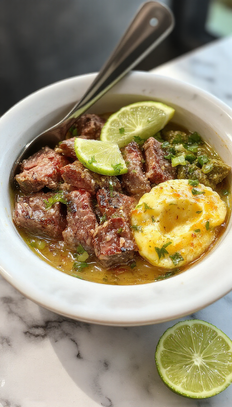A vibrant bowl filled with sliced grilled steak, fluffy white rice, fresh chopped cilantro, lime wedges, and colorful vegetables, garnished with lime zest and cilantro leaves, all presented on a rustic wooden table with a drizzle of sauce.