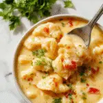 A steaming bowl of creamy pasta soup topped with chopped fresh herbs and grated cheese, featuring elbow noodles and a thick, velvety broth, served in a rustic white dish on a wooden table with a background of fresh ingredients and a spoon.