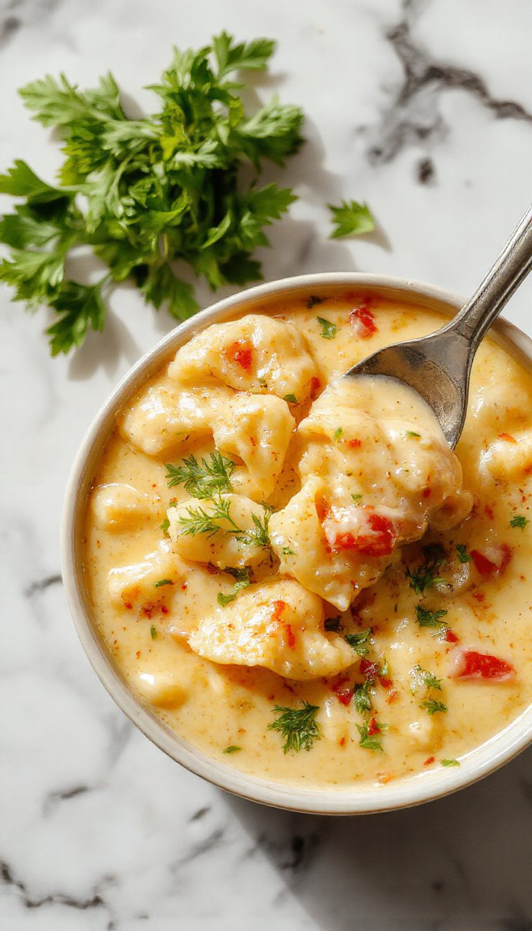 A steaming bowl of creamy pasta soup topped with chopped fresh herbs and grated cheese, featuring elbow noodles and a thick, velvety broth, served in a rustic white dish on a wooden table with a background of fresh ingredients and a spoon.