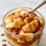 A layered apple caramel trifle in a glass bowl, showcasing vibrant caramel, chopped fresh apples, whipped cream, and a sprinkle of cinnamon on top, with toasted crumble at the base.