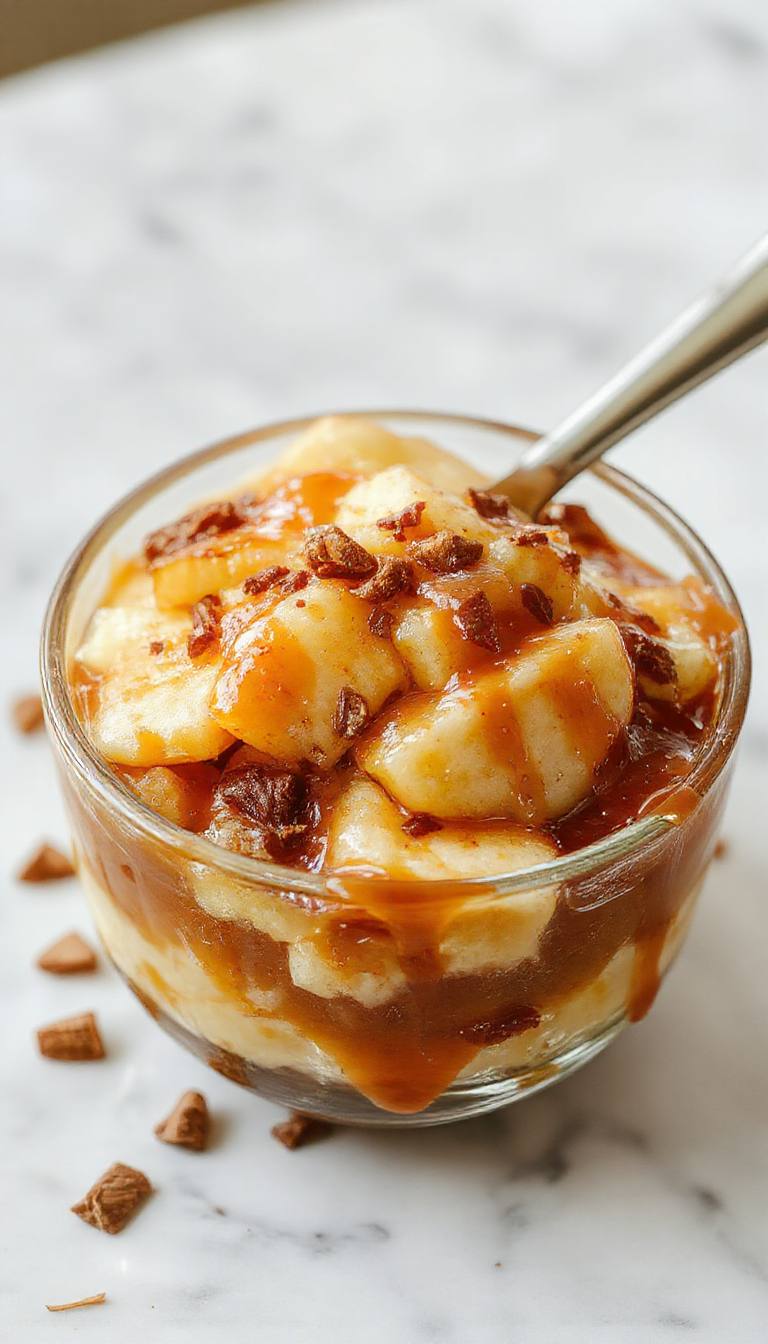 A layered apple caramel trifle in a glass bowl, showcasing vibrant caramel, chopped fresh apples, whipped cream, and a sprinkle of cinnamon on top, with toasted crumble at the base.