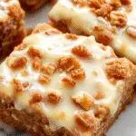 A layered caramel toffee crunch cake with a glossy caramel glaze on top, garnished with toffee bits and crunchy toffee pieces. The cake is elegantly presented on a white pedestal plate, with a clean, modern background that highlights its rich caramel color and textured toffee topping. The layers reveal a moist, dense interior infused with caramel and toffee, contrasting with the crunchy topping.