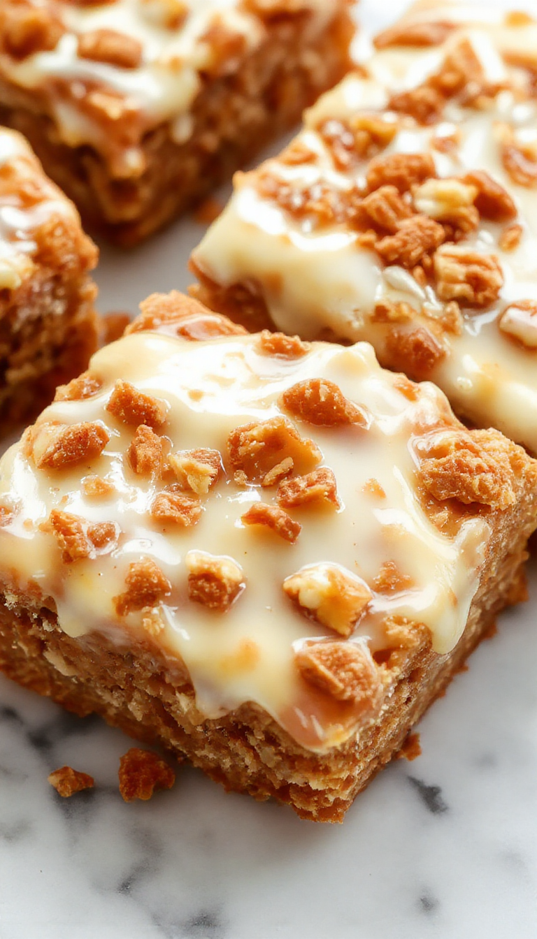 A layered caramel toffee crunch cake with a glossy caramel glaze on top, garnished with toffee bits and crunchy toffee pieces. The cake is elegantly presented on a white pedestal plate, with a clean, modern background that highlights its rich caramel color and textured toffee topping. The layers reveal a moist, dense interior infused with caramel and toffee, contrasting with the crunchy topping.