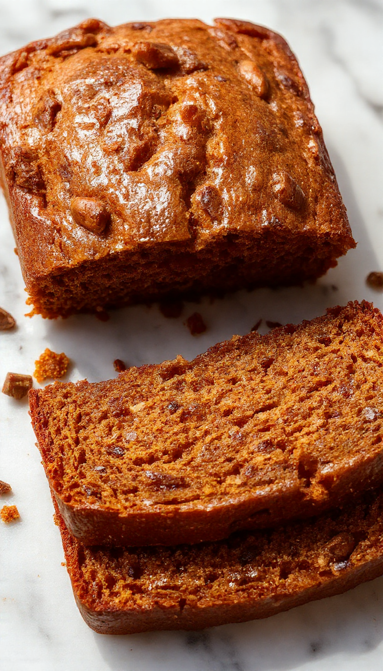 A slices of Chai Spice Maple Pumpkin Bread on a rustic wooden platter, topped with a light dusting of powdered sugar, with a steaming cup of chai tea in the background. The bread has a golden-brown crust with swirls of spiced pumpkin filling visible inside, garnished with a cinnamon stick and a sprinkle of pumpkin seeds for texture.