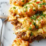 A golden-brown bubbly cheeseburger tater tot casserole topped with melted cheese and crispy bacon bits, garnished with fresh chopped parsley on a white ceramic baking dish, with a serving spoon resting on the side and a colorful wooden table background.