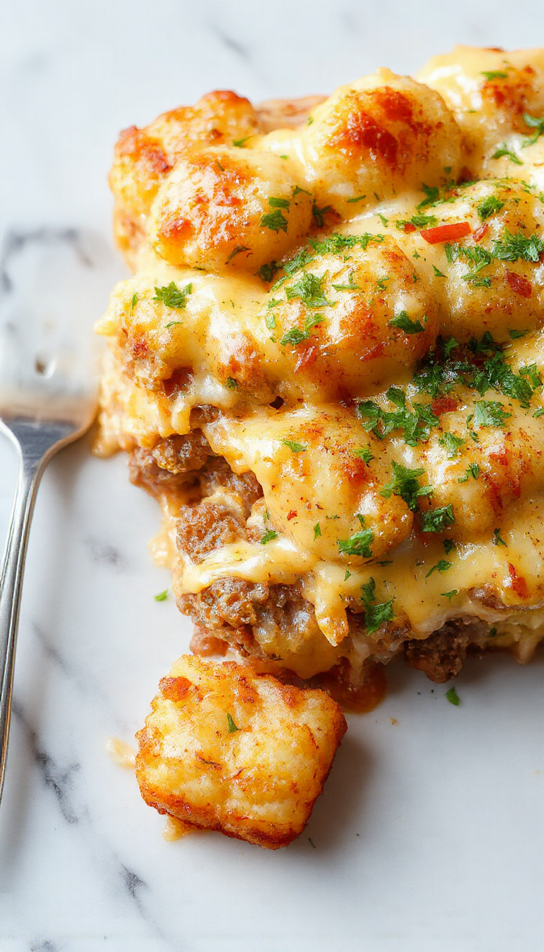A golden-brown bubbly cheeseburger tater tot casserole topped with melted cheese and crispy bacon bits, garnished with fresh chopped parsley on a white ceramic baking dish, with a serving spoon resting on the side and a colorful wooden table background.