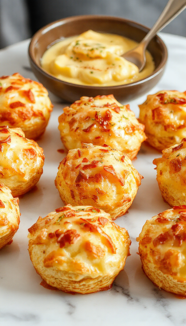 Golden-brown cheesy mashed potato puffs arranged on a rustic wooden platter, with melted cheese crust visible on top, garnished with fresh herbs. The puffs are round, fluffy inside with crispy edges, inviting and savory in appearance.