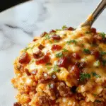 A colorful plate of Cheesy Taco Rice featuring fluffy white rice topped with seasoned ground beef, melted cheese, and diced tomatoes, garnished with fresh cilantro. The dish is presented in a rustic bowl with vibrant yellow and red accents, with a side of crispy tortilla chips and a sprinkle of chopped green onions.