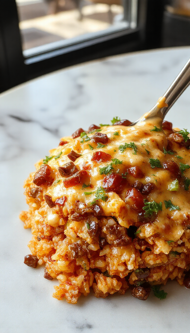 A colorful plate of Cheesy Taco Rice featuring fluffy white rice topped with seasoned ground beef, melted cheese, and diced tomatoes, garnished with fresh cilantro. The dish is presented in a rustic bowl with vibrant yellow and red accents, with a side of crispy tortilla chips and a sprinkle of chopped green onions.