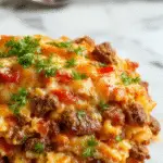 A bubbling cheesy ground beef and rice casserole served in a square white baking dish. The top is golden brown with melted cheese, garnished with chopped herbs, and steam rises from the hot dish. Surrounding the casserole are fresh ingredients including raw ground beef, uncooked white rice, and colorful vegetables, creating a inviting and hearty presentation.