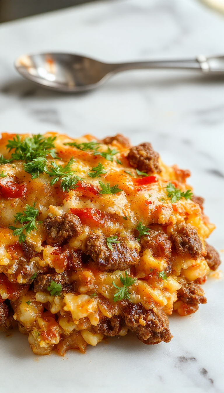 A bubbling cheesy ground beef and rice casserole served in a square white baking dish. The top is golden brown with melted cheese, garnished with chopped herbs, and steam rises from the hot dish. Surrounding the casserole are fresh ingredients including raw ground beef, uncooked white rice, and colorful vegetables, creating a inviting and hearty presentation.