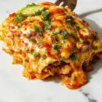 A golden-baked Chicken Burrito Casserole topped with melted cheese and fresh cilantro, sliced to reveal layers of chicken, rice, beans, and vegetables, garnished with a dollop of sour cream and sliced jalapeños, arranged on a rustic wooden table.