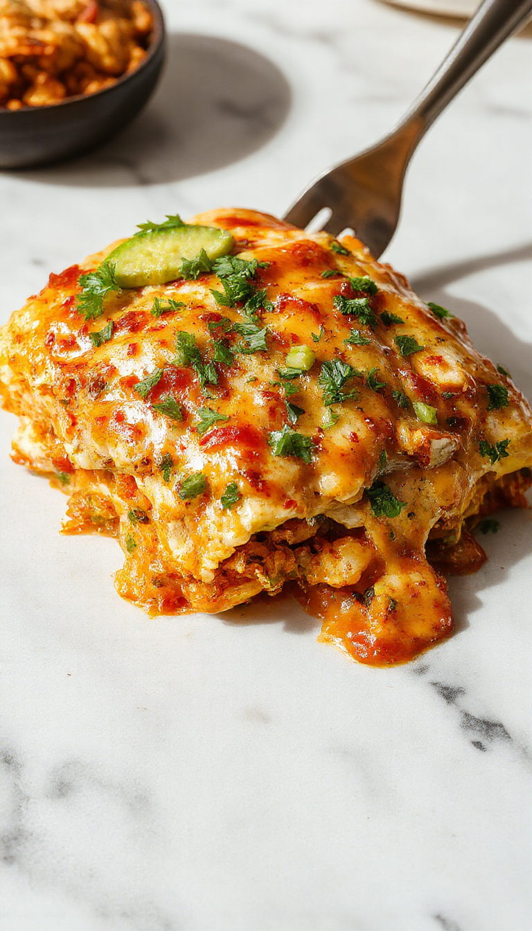 A golden-baked Chicken Burrito Casserole topped with melted cheese and fresh cilantro, sliced to reveal layers of chicken, rice, beans, and vegetables, garnished with a dollop of sour cream and sliced jalapeños, arranged on a rustic wooden table.