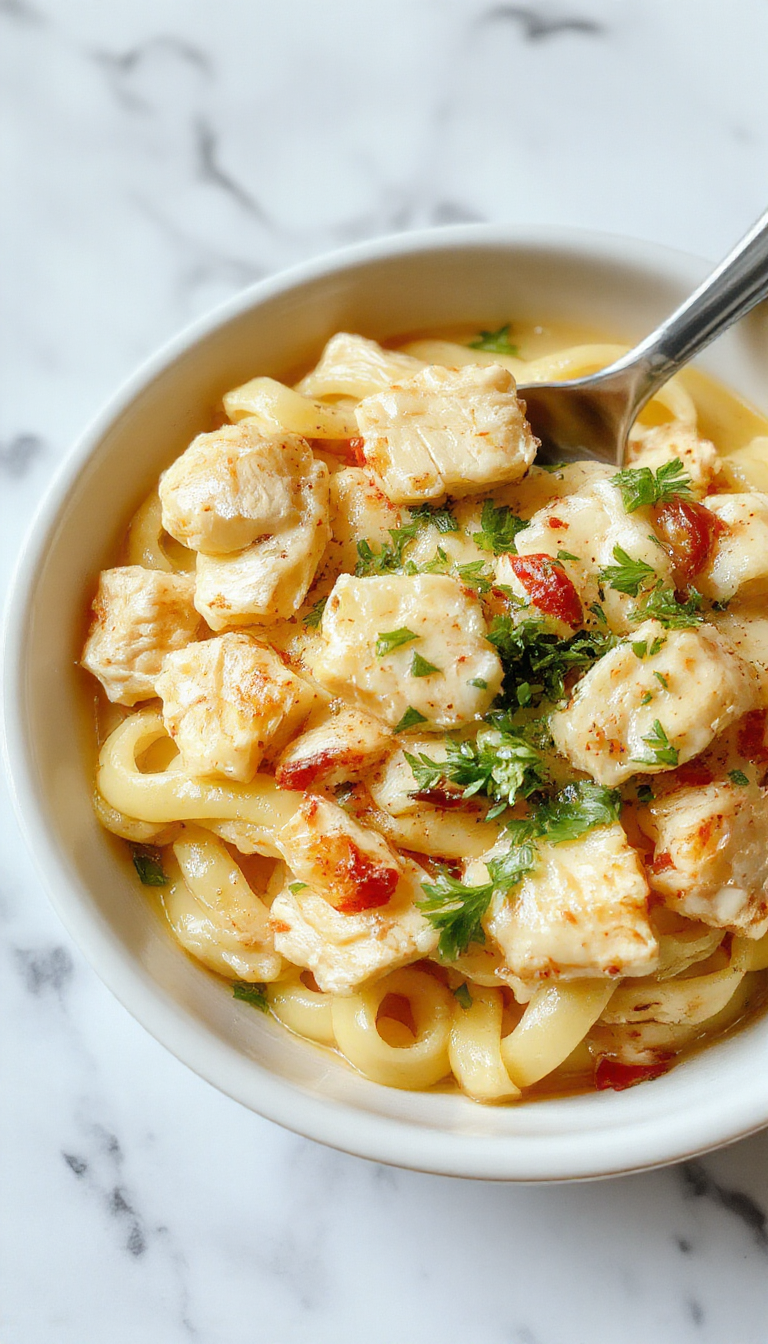 A close-up of a white ceramic plate filled with creamy chicken butter noodles topped with freshly chopped parsley. The noodles are coated in a rich, glossy sauce with tender chicken pieces visible amidst the noodles. The dish is garnished with a sprinkle of black pepper and served on a rustic wooden table with a fork resting beside the plate.