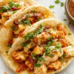 A vibrant plate of chicken street tacos featuring tender grilled chicken slices, colorful toppings like diced onions, fresh cilantro, and sliced radishes, all nestled in soft corn tortillas with a drizzle of sauce and lime wedges on the side. The tacos are arranged on a rustic wooden surface, with accompanying small bowls of salsa and guacamole adding to the presentation.