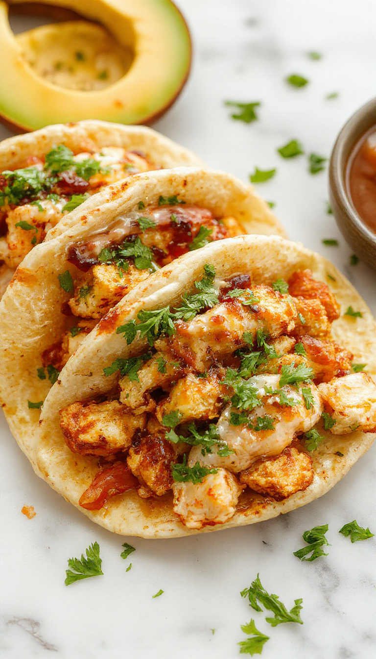 A vibrant plate of chicken street tacos featuring tender grilled chicken slices, colorful toppings like diced onions, fresh cilantro, and sliced radishes, all nestled in soft corn tortillas with a drizzle of sauce and lime wedges on the side. The tacos are arranged on a rustic wooden surface, with accompanying small bowls of salsa and guacamole adding to the presentation.