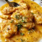 A rustic stovetop scene featuring a skillet with golden-brown pieces of chicken covered in rich, creamy gravy. The gravy is bubbling slightly, with steam rising, and the dish is garnished with chopped parsley. In the background, a plate of fluffy biscuits with buttery tops complements the savory chicken, all on a wooden table with warm, ambient lighting.