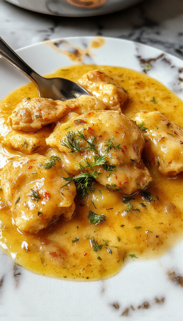 A rustic stovetop scene featuring a skillet with golden-brown pieces of chicken covered in rich, creamy gravy. The gravy is bubbling slightly, with steam rising, and the dish is garnished with chopped parsley. In the background, a plate of fluffy biscuits with buttery tops complements the savory chicken, all on a wooden table with warm, ambient lighting.