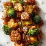 A vibrant plate featuring tender slices of beef coated in a glossy sauce, nestled among bright green broccoli florets. The dish is elegantly plated on a white ceramic dish, garnished with sesame seeds and chopped green onions, with a side of steamed rice visible in the background.