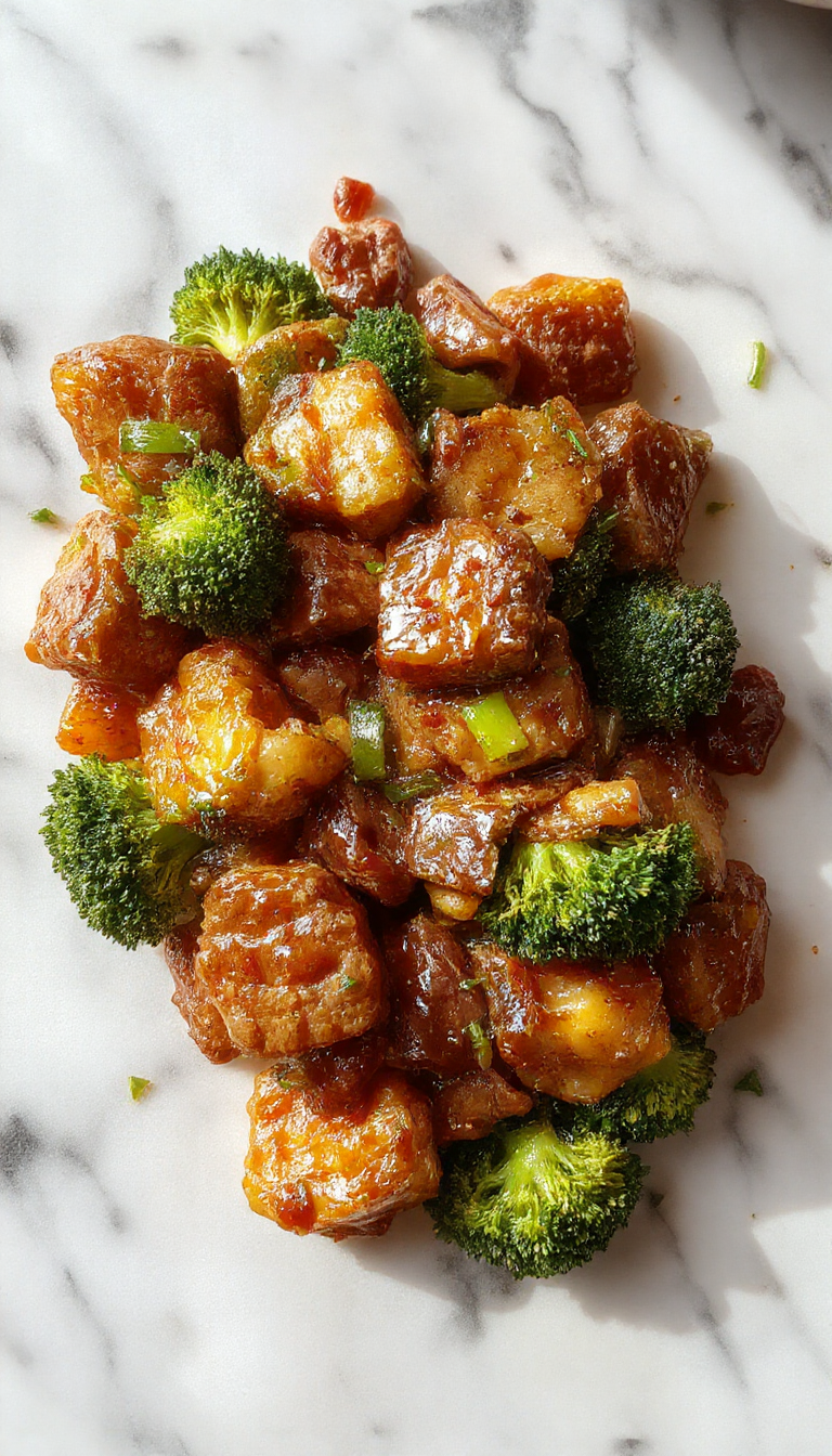 A vibrant plate featuring tender slices of beef coated in a glossy sauce, nestled among bright green broccoli florets. The dish is elegantly plated on a white ceramic dish, garnished with sesame seeds and chopped green onions, with a side of steamed rice visible in the background.