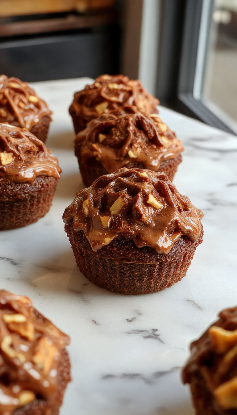 A tray of rich chocolate pumpkin cupcakes topped with swirls of creamy orange frosting, decorated with tiny chocolate chips and a subtle dusting of cinnamon, presented on a rustic wooden surface with fall leaves and mini pumpkins in the background.