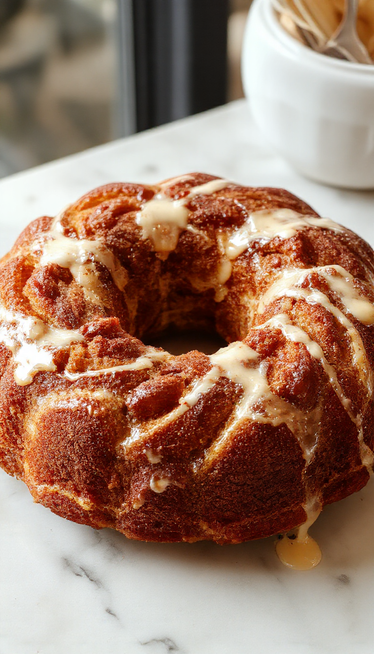 A golden-brown Cinnamon Swirl Bundt Cake sits elegantly on a white plate, showcasing its intricate cinnamon swirl pattern on top. The cake's outer surface is textured with a delightful crumbly streusel topping, and slices reveal a moist, tender interior with visible cinnamon swirls. The presentation is styled with a dusting of powdered sugar and a few cinnamon sticks nearby, evoking a warm, inviting atmosphere.